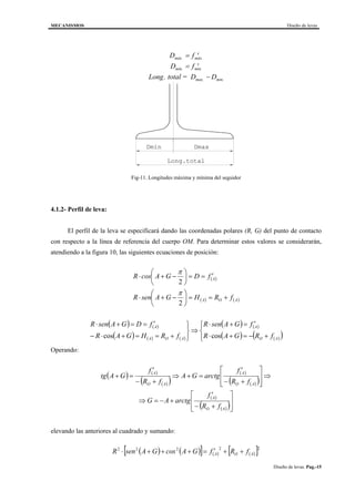 MECANISMOS Diseño de levas
Diseño de levas. Pag.-15
D f
D f
D
máx máx
mín mín
min
. .
. .
.
= ′
= ′
−Long. total = Dmax.
Dmin Dmax
Long.total
Fig-11. Longitudes máxima y mínima del seguidor
4.1.2- Perfil de leva:
El perfil de la leva se especificará dando las coordenadas polares (R, G) del punto de contacto
con respecto a la línea de referencia del cuerpo OM. Para determinar estos valores se considerarán,
atendiendo a la figura 10, las siguientes ecuaciones de posición:
( )
( ) ( )AOA
A
fRHGAsenR
fDGAcosR
+==





−+⋅
′==





−+⋅
2
2
π
π
( ) ( )
( ) ( ) ( )
( ) ( )
( ) ( )( )



+−=+⋅
′=+⋅
⇒




+==+⋅−
′==+⋅
AO
A
AOA
A
fRGAR
fGAsenR
fRHGAR
fDGAsenR
coscos
Operando:
( ) ( )
( )( )
( )
( )( )
( )
( )( )







+−
′
+−=⇒
⇒








+−
′
=+⇒
+−
′
=+
AO
A
AO
A
AO
A
fR
f
arctgAG
fR
f
arctgGA
fR
f
GAtg
elevando las anteriores al cuadrado y sumando:
( ) ( )[ ] ( ) ( )[ ]22222
AOA fRfGAscoGAsenR ++′=+++⋅
 