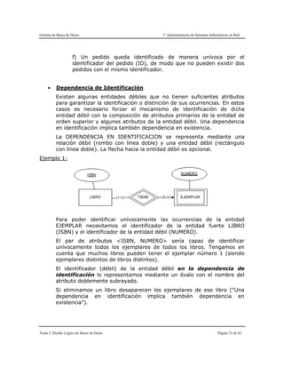 Gestión de Bases de Datos 1º Administración de Sistemas Informáticos en Red
Tema 2. Diseño Lógico de Bases de Datos Página 23 de 42
f) Un pedido queda identificado de manera unívoca por el
identificador del pedido (ID), de modo que no pueden existir dos
pedidos con el mismo identificador.
● Dependencia de Identificación
Existen algunas entidades débiles que no tienen suficientes atributos
para garantizar la identificación o distinción de sus ocurrencias. En estos
casos es necesario forzar el mecanismo de identificación de dicha
entidad débil con la composición de atributos primarios de la entidad de
orden superior y algunos atributos de la entidad débil. Una dependencia
en identificación implica también dependencia en existencia.
La DEPENDENCIA EN IDENTIFICACION se representa mediante una
relación débil (rombo con línea doble) y una entidad débil (rectángulo
con línea doble). La flecha hacia la entidad débil es opcional.
Ejemplo 1:
Para poder identificar unívocamente las ocurrencias de la entidad
EJEMPLAR necesitamos el identificador de la entidad fuerte LIBRO
(ISBN) y el identificador de la entidad débil (NUMERO).
El par de atributos <ISBN, NUMERO> sería capaz de identificar
unívocamente todos los ejemplares de todos los libros. Tengamos en
cuenta que muchos libros pueden tener el ejemplar número 1 (siendo
ejemplares distintos de libros distintos).
El identificador (débil) de la entidad débil en la dependencia de
identificación lo representamos mediante un óvalo con el nombre del
atributo doblemente subrayado.
Si eliminamos un libro desaparecen los ejemplares de ese libro (“Una
dependencia en identificación implica también dependencia en
existencia”).
 