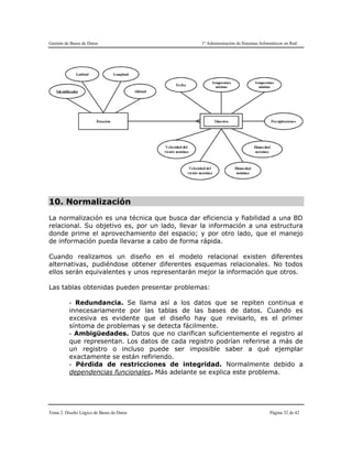 Gestión de Bases de Datos 1º Administración de Sistemas Informáticos en Red
Tema 2. Diseño Lógico de Bases de Datos Página 32 de 42
10. Normalización
La normalización es una técnica que busca dar eficiencia y fiabilidad a una BD
relacional. Su objetivo es, por un lado, llevar la información a una estructura
donde prime el aprovechamiento del espacio; y por otro lado, que el manejo
de información pueda llevarse a cabo de forma rápida.
Cuando realizamos un diseño en el modelo relacional existen diferentes
alternativas, pudiéndose obtener diferentes esquemas relacionales. No todos
ellos serán equivalentes y unos representarán mejor la información que otros.
Las tablas obtenidas pueden presentar problemas:
- Redundancia. Se llama así a los datos que se repiten continua e
innecesariamente por las tablas de las bases de datos. Cuando es
excesiva es evidente que el diseño hay que revisarlo, es el primer
síntoma de problemas y se detecta fácilmente.
- Ambigüedades. Datos que no clarifican suficientemente el registro al
que representan. Los datos de cada registro podrían referirse a más de
un registro o incluso puede ser imposible saber a qué ejemplar
exactamente se están refiriendo.
- Pérdida de restricciones de integridad. Normalmente debido a
dependencias funcionales. Más adelante se explica este problema.
 