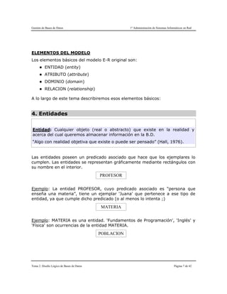 Gestión de Bases de Datos 1º Administración de Sistemas Informáticos en Red
Tema 2. Diseño Lógico de Bases de Datos Página 7 de 42
ELEMENTOS DEL MODELO
Los elementos básicos del modelo E-R original son:
 ENTIDAD (entity)
 ATRIBUTO (attribute)
 DOMINIO (domain)
 RELACION (relationship)
A lo largo de este tema describiremos esos elementos básicos:
4. Entidades
Entidad: Cualquier objeto (real o abstracto) que existe en la realidad y
acerca del cual queremos almacenar información en la B.D.
“Algo con realidad objetiva que existe o puede ser pensado” (Hall, 1976).
Las entidades poseen un predicado asociado que hace que los ejemplares lo
cumplen. Las entidades se representan gráficamente mediante rectángulos con
su nombre en el interior.
PROFESOR
Ejemplo: La entidad PROFESOR, cuyo predicado asociado es “persona que
enseña una materia”, tiene un ejemplar 'Juana' que pertenece a ese tipo de
entidad, ya que cumple dicho predicado (o al menos lo intenta ;)
MATERIA
Ejemplo: MATERIA es una entidad. 'Fundamentos de Programación', 'Inglés' y
'Física' son ocurrencias de la entidad MATERIA.
POBLACION
 