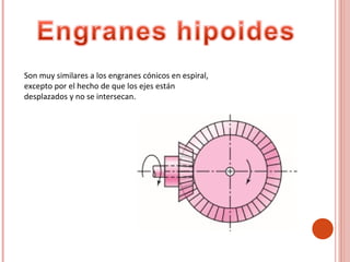 Son muy similares a los engranes cónicos en espiral,
excepto por el hecho de que los ejes están
desplazados y no se intersecan.
 