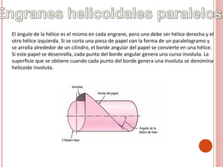 El ángulo de la hélice es el mismo en cada engrane, pero uno debe ser hélice derecha y el
otro hélice izquierda. Si se corta una pieza de papel con la forma de un paralelogramo y
se arrolla alrededor de un cilindro, el borde angular del papel se convierte en una hélice.
Si este papel se desenrolla, cada punto del borde angular genera una curva involuta. La
superficie que se obtiene cuando cada punto del borde genera una involuta se denomina
helicoide involuta.
 