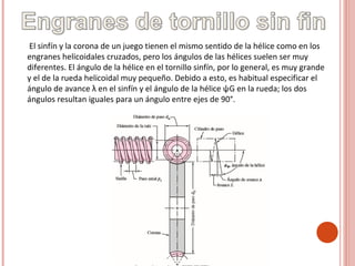 El sinfín y la corona de un juego tienen el mismo sentido de la hélice como en los
engranes helicoidales cruzados, pero los ángulos de las hélices suelen ser muy
diferentes. El ángulo de la hélice en el tornillo sinfín, por lo general, es muy grande
y el de la rueda helicoidal muy pequeño. Debido a esto, es habitual especificar el
ángulo de avance λ en el sinfín y el ángulo de la hélice ψG en la rueda; los dos
ángulos resultan iguales para un ángulo entre ejes de 90°.
 