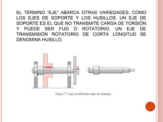 EL TÉRMINO “EJE” ABARCA OTRAS VARIEDADES, COMO
LOS EJES DE SOPORTE Y LOS HUSILLOS. UN EJE DE
SOPORTE ES EL QUE NO TRANSMITE CARGA DE TORSIÓN
Y PUEDE SER FIJO O ROTATORIO. UN EJE DE
TRANSMISIÓN ROTATORIO DE CORTA LONGITUD SE
DENOMINA HUSILLO.
 