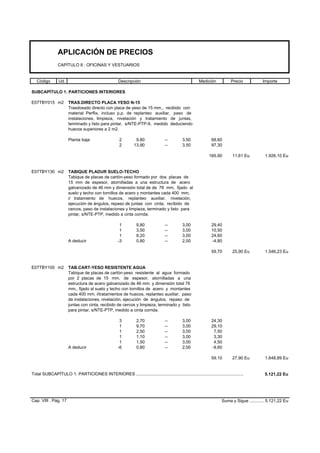 APLICACIÓN DE PRECIOS
CAPÍTULO 8 : OFICINAS Y VESTUARIOS
Código Ud. Descripción Medición Precio Importe
SUBCAPÍTULO 1. PARTICIONES INTERIORES
E07TBY015 m2 TRAS.DIRECTO PLACA YESO N-15
Trasdosado directo con placa de yeso de 15 mm., recibido con
material Perflix, incluso p.p. de replanteo auxiliar, paso de
instalaciones, limpieza, nivelación y tratamiento de juntas,
terminado y listo para pintar, s/NTE-PTP-9, medido deduciendo
huecos superiores a 2 m2.
Planta baja 2 9,80 -- 3,50 68,60
2 13,90 -- 3,50 97,30
165,90 11,61 Eu 1.926,10 Eu
E07TBY130 m2 TABIQUE PLADUR SUELO-TECHO
Tabique de placas de cartón-yeso formado por dos placas de
15 mm de espesor, atornilladas a una estructura de acero
galvanizado de 46 mm y dimensión total de de 76 mm, fijado al
suelo y techo con tornillos de acero y montantes cada 400 mm,
i/ tratamiento de huecos, replanteo auxiliar, nivelación,
ejecución de ángulos, repaso de juntas con cinta, recibido de
cercos, paso de instalaciones y limpieza, terminado y listo para
pintar, s/NTE-PTP, medido a cinta corrida.
1 9,80 -- 3,00 29,40
1 3,50 -- 3,00 10,50
1 8,20 -- 3,00 24,60
A deducir -3 0,80 -- 2,00 -4,80
59,70 25,90 Eu 1.546,23 Eu
E07TBY100 m2 TAB.CART-YESO RESISTENTE AGUA
Tabique de placas de cartón-yeso resistente al agua formado
por 2 placas de 15 mm. de espesor, atornilladas a una
estructura de acero galvanizado de 46 mm. y dimensión total 76
mm., fijado al suelo y techo con tornillos de acero y montantes
cada 400 mm. i/tratamientos de huecos, replanteo auxiliar, paso
de instalaciones, nivelación, ejecución de ángulos, repaso de
juntas con cinta, recibido de cercos y limpieza, terminado y listo
para pintar, s/NTE-PTP, medido a cinta corrida.
3 2,70 -- 3,00 24,30
1 9,70 -- 3,00 29,10
1 2,50 -- 3,00 7,50
1 1,10 -- 3,00 3,30
1 1,50 -- 3,00 4,50
A deducir -6 0,80 -- 2,00 -9,60
59,10 27,90 Eu 1.648,89 Eu
Total SUBCAPÍTULO 1. PARTICIONES INTERIORES .......................................................................................... 5.121,22 Eu
Cap. VIII . Pág. 17 Suma y Sigue ............ 5.121,22 Eu
 