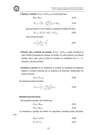 DISEÑO Y CÁLCULO DE LA ESTRUCTURA METÁLICA
Y DE LA CIMENTACIÓN DE UNA NAVE INDUSTRIAL
82
Flexión y cortante. Si VEd > 0,5·Vc,Rd, se comprobará que:
MEd ≤ MV,Rd [5.78]
Rdyd
w
V
plRdV Mf
t
A
WM ,0
2
, ·
·4
·
>/⎟⎟
⎠
⎞
⎜⎜
⎝
⎛
−=
ρ
[5.79]
para secciones I o H con flexión y cortante en el plano del alma
( ) RdydplRdV MfWM ,0, ·1· >/−= ρ [5.80]
para el resto de casos
2
,
1·2
⎟
⎟
⎠
⎞
⎜
⎜
⎝
⎛
−=
Rdpl
Ed
V
V
ρ [5.81]
Flexión, axil y cortante sin pandeo. Si VEd < 0,5·Vc,Rd, basta considerar el
caso 'Flexión compuesta sin cortante ni pandeo'. En caso contrario, se utilizará
también dicho caso, pero el área de cortante se multiplicará por (1 – ρ),
tomando ρ del caso anterior.
Cortante y torsión. En la resistencia a cortante se empleará la resistencia
plástica a cortante reducida por la existencia de tensiones tangenciales de
torsión uniforme:
Vc,Rd ≤ Vpl,T,Rd [5.82]
En secciones huecas cerradas:
Rdpl
yd
Edt
RdTpl V
f
V ,
,
,, ·
3
1
⎟
⎟
⎠
⎞
⎜
⎜
⎝
⎛
−=
τ
[5.83]
Resistencia de las barras
Compresión y pandeo. Se cumplirá que
Nc,Rd ≤ Npl,Rd [5.84]
Nc,Rd ≤ Nb,Rd [5.85]
La resistencia a pandeo por flexión en compresión centrada puede calcularse
con:
Nb,Rd = χ·A·fyd [5.86]
fyd = fy / γM1 [5.87]
 