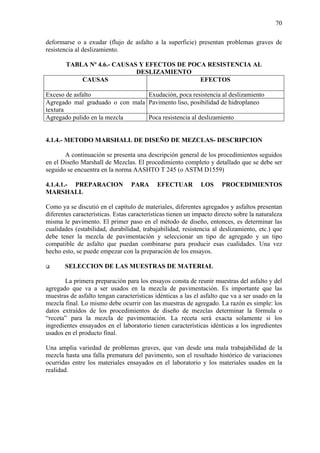 70
deformarse o a exudar (flujo de asfalto a la superficie) presentan problemas graves de
resistencia al deslizamiento.
TABLA Nº 4.6.- CAUSAS Y EFECTOS DE POCA RESISTENCIA AL
DESLIZAMIENTO
CAUSAS EFECTOS
Exceso de asfalto Exudación, poca resistencia al deslizamiento
Agregado mal graduado o con mala
textura
Pavimento liso, posibilidad de hidroplaneo
Agregado pulido en la mezcla Poca resistencia al deslizamiento
4.1.4.- METODO MARSHALL DE DISEÑO DE MEZCLAS- DESCRIPCION
A continuación se presenta una descripción general de los procedimientos seguidos
en el Diseño Marshall de Mezclas. El procedimiento completo y detallado que se debe ser
seguido se encuentra en la norma AASHTO T 245 (o ASTM D1559)
4.1.4.1.- PREPARACION PARA EFECTUAR LOS PROCEDIMIENTOS
MARSHALL
Como ya se discutió en el capítulo de materiales, diferentes agregados y asfaltos presentan
diferentes características. Estas características tienen un impacto directo sobre la naturaleza
misma le pavimento. El primer paso en el método de diseño, entonces, es determinar las
cualidades (estabilidad, durabilidad, trabajabilidad, resistencia al deslizamiento, etc.) que
debe tener la mezcla de pavimentación y seleccionar un tipo de agregado y un tipo
compatible de asfalto que puedan combinarse para producir esas cualidades. Una vez
hecho esto, se puede empezar con la preparación de los ensayos.
SELECCION DE LAS MUESTRAS DE MATERIAL
La primera preparación para los ensayos consta de reunir muestras del asfalto y del
agregado que va a ser usados en la mezcla de pavimentación. Es importante que las
muestras de asfalto tengan características idénticas a las el asfalto que va a ser usado en la
mezcla final. Lo mismo debe ocurrir con las muestras de agregado. La razón es simple: los
datos extraídos de los procedimientos de diseño de mezclas determinar la fórmula o
“receta” para la mezcla de pavimentación. La receta será exacta solamente si los
ingredientes ensayados en el laboratorio tienen características idénticas a los ingredientes
usados en el producto final.
Una amplia variedad de problemas graves, que van desde una mala trabajabilidad de la
mezcla hasta una falla prematura del pavimento, son el resultado histórico de variaciones
ocurridas entre los materiales ensayados en el laboratorio y los materiales usados en la
realidad.
 