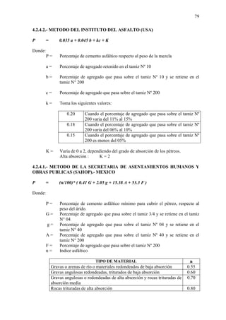 79
4.2.4.2.- METODO DEL INSTITUTO DEL ASFALTO (USA)
P = 0.035 a + 0.045 b + kc + K
Donde:
P = Porcentaje de cemento asfáltico respecto al peso de la mezcla
a = Porcentaje de agregado retenido en el tamiz Nº 10
b = Porcentaje de agregado que pasa sobre el tamiz Nº 10 y se retiene en el
tamiz N° 200
c = Porcentaje de agregado que pasa sobre el tamiz Nº 200
k = Toma los siguientes valores:
0.20 Cuando el porcentaje de agregado que pasa sobre el tamiz Nº
200 varia del 11% al 15%
0.18 Cuando el porcentaje de agregado que pasa sobre el tamiz Nº
200 varia del 06% al 10%
0.15 Cuando el porcentaje de agregado que pasa sobre el tamiz Nº
200 es menos del 05%
K = Varia de 0 a 2, dependiendo del grado de absorción de los pétreos.
Alta absorción : K = 2
4.2.4.1.- METODO DE LA SECRETARIA DE ASENTAMIENTOS HUMANOS Y
OBRAS PUBLICAS (SAHOP).- MEXICO
P = (n/100)* ( 0.41 G + 2.05 g + 15.38 A + 53.3 F )
Donde:
P = Porcentaje de cemento asfáltico mínimo para cubrir el pétreo, respecto al
peso del árido.
G = Porcentaje de agregado que pasa sobre el tamiz 3/4 y se retiene en el tamiz
N° 04
g = Porcentaje de agregado que pasa sobre el tamiz Nº 04 y se retiene en el
tamiz N° 40
A = Porcentaje de agregado que pasa sobre el tamiz Nº 40 y se retiene en el
tamiz N° 200
F = Porcentaje de agregado que pasa sobre el tamiz Nº 200
n = Indice asfáltico
TIPO DE MATERIAL n
Gravas o arenas de río o materiales redondeados de baja absorción 0.55
Gravas angulosas redondeadas, triturados de baja absorción 0.60
Gravas angulosas o redondeadas de alta absorción y rocas trituradas de
absorción media
0.70
Rocas trituradas de alta absorción 0.80
 