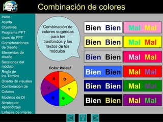 Combinaci ón de colores Combinaci ón  de colores sugeridas para los trasfondos y los textos de los m ódulos  Inicio Ayuda Objetivos Programa  PPT Usos  de PPT Consideraciones  de  diseño Elementos  de  diseño Secciones  del  módulo Regla  de  los Tercios Diseño  de  visuales Combinación  de  Colores Modelos  de DI   Niveles   de  Aprendizaje Enlaces de  Interés Bien  Bien Bien   Bien Mal  Mal Bien   Bien Mal   Mal Mal  Mal Mal  Mal Mal   Mal Bien   Bien Mal  Mal Bien  Bien Bien  Bien 