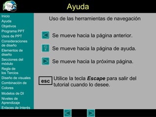Ayuda Uso de las herramientas de navegaci ón  Se mueve hacia la p á gina anterior.   Se mueve  hacia la página de ayuda. Se mueve hacia la pr óxima  p á gina. Utilice la tecla  Escape  para salir del tutorial cuando lo desee.   esc Inicio Ayuda Objetivos Programa  PPT Usos  de PPT Consideraciones  de  diseño Elementos  de  diseño Secciones  del  módulo Regla  de  los Tercios Diseño  de  visuales Combinación  de  Colores Modelos  de DI   Niveles   de  Aprendizaje Enlaces de  Interés 