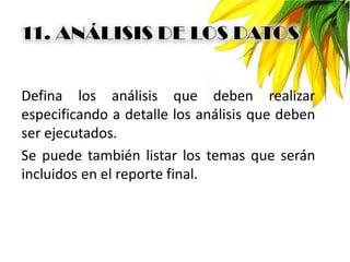 Defina los análisis que deben realizar
especificando a detalle los análisis que deben
ser ejecutados.
Se puede también listar los temas que serán
incluidos en el reporte final.
 