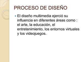 PROCESO DE DISEÑO


El diseño multimedia ejerció su
influencia en diferentes áreas como :
el arte, la educación, el
entretenimiento, los entornos virtuales
y los videojuegos.

 