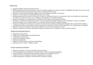 OBJETIVOS:
 Incorporar lenguaje cientifico específico del área.
 Brindar situaciones que permitan interpretar y resolver problemas significativos a partir de saberes y habilidades del campo de la ciencia escolar
para contribuir al logro de una progresiva autonomía en el plano personal y social.
 Planificar y realizar exploraciones para indagar acerca de los fenómenos naturales y sus alcances.
 Promover el so de espacios de experimentación propios de la ciencia.
 Diseñar propuestas que favorezcan la observación, el registro en diferentes formatos y la comunicación sobre la diversidad, las características,
los cambios y/o ciclos de los seres vivos, el ambiente, los materiales y las acciones mecánicas.
 Incentivar la búsqueda y la organización de la información relacionada con la producción científica.
 Posibilitar la formulación de anticipaciones frente a la ocurrencia de determinados fenómenos, para compararlas con otras y con algunos
argumentos basados en los modelos científicos, y el diseño de diferentes modos de ponerlas a prueba.
 Favorecer la elaboración de conclusiones a partir de las observaciones realizadas, la información disponible, datos experimentales, debates y
confrontación de ideas en clase dando las razones que permiten sostenerlas; la reflexión sobre lo producido y las estrategias que se emplearon.
 Despertar el interés y la reflexión crítica hacia los productos y procesos provenientes de la ciencia.
 Propiciar el desarrollo de actitudes responsables respecto de la preservación y cuidado de la vida y del medio ambiente.
ESTRATEGIA METODOLÓGICA:
 Indagación de ideas previas.
 Exploración del medio Observación Hipotetización
 Comparación y contrastación
 Lectura de divulgación científica
 Elaboración de glosarios
 Empleo de Tics para motivar el proceso de aprendizaje.
 Interacción social - Charlas - Salidas de campo
Criterios Generales de Evaluación:
 Demuestra entusiasmo y deseos por aprender Ciencias Naturales.
 Utiliza adecuadamente las competencias científicas básicas según las situaciones planteadas.
 Formula preguntas o afirmaciones que evidencien relación con los contenidos del Área.
 Trabaja con textos de divulgación científica comprendiendo su contenido.
 Propone anticipaciones e hipótesis y diseña maneras de ponerlas a prueba.
 
