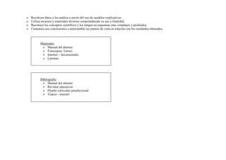  Recolecta datos y los analiza a través del uso de modelos explicativos.
 Utiliza recursos y materiales diversos comprendiendo su uso y finalidad.
 Reconoce los conceptos científicos y los integra en esquemas más complejos y profundos.
 Comunica sus conclusiones e intercambia sus puntos de vista en relación con los resultados obtenidos.
Materiales:
 Manual del alumno
 Fotocopias, Textos.
 Internet – documentales
 Láminas
Bibliografia:
 Manual del alumno
 Revistas educativas
 Diseño curricular jurisdiccional
 Videos - internet
 