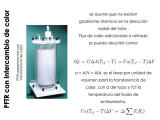 PFTRexperimentalcon
transferenciadecalor
se asume que no existen
gradientes térmicos en la dirección
radial del tubo .
Flux de calor adicionado o retirado
se puede describir como:
a = A/V = 4/d, es el área por unidad de
volumen para la transferencia de
calor, con d del tubo y Tcf la
temperatura del fluido de
enfriamiento.
 