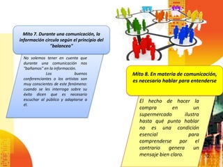 Mito 7. Durante una comunicación, la
información circula según el principio del
               "balanceo"

  No solemos tener en cuenta que
  durante una comunicación nos
  "bañamos" en la información.
              Los             buenos         Mito 8. En materia de comunicación,
  conferenciantes o los artistas son
                                             es necesario hablar para entenderse
  muy conscientes de este fenómeno:
  cuando se les interroga sobre su
  éxito dicen que es necesario
  escuchar al público y adaptarse a            El hecho de hacer la
  él.
                                               compra        en        un
                                               supermercado        ilustra
                                               hasta qué punto hablar
                                               no es una condición
                                               esencial              para
                                               comprenderse por el
                                               contrario   genera      un
                                               mensaje bien claro.           12
 
