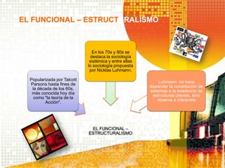 EL FUNCIONAL – ESTRUCTURALISMO



                               En los 70s y 80s se
                              destaca la sociología
                              sistémica y entre ellas
                             lo sociología propuesta
                              por Nicklas Luhmann.

  Popularizada por Talcott
                                                             Luhmann no hace
  Parsons hasta fines de
                                                        depender la constitución de
   la década de los 60s,
                                                        sistemas a la existencia de
   más conocida hoy día
                                                         estructuras previas, sino
    como "la teoría de la
                                                            observa e interpreta
         Acción".




                              EL FUNCIONAL –
                             ESTRUCTURALISMO
 