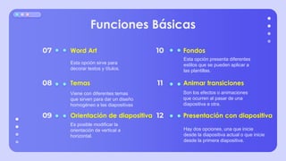12
11
10
Temas
Fondos
Orientación de diapositiva
Word Art
Animar transiciones
Presentación con diapositiva
Funciones Básicas
Viene con diferentes temas
que sirven para dar un diseño
homogéneo a las diapositivas
Esta opción presenta diferentes
estilos que se pueden aplicar a
las plantillas.
Es posible modificar la
orientación de vertical a
horizontal.
Esta opción sirve para
decorar textos y títulos.
Son los efectos o animaciones
que ocurren al pasar de una
diapositiva a otra.
Hay dos opciones, una que inicie
desde la diapositiva actual o que inicie
desde la primera diapositiva.
09
08
07
 