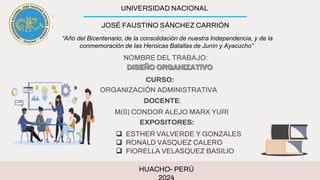 UNIVERSIDAD NACIONAL
JOSÉ FAUSTINO SÁNCHEZ CARRIÓN
“Año del Bicentenario, de la consolidación de nuestra Independencia, y de la
conmemoración de las Heroicas Batallas de Junín y Ayacucho”
ORGANIZACIÓN ADMINISTRATIVA
M(0) CONDOR ALEJO MARX YURI
HUACHO- PERÚ
NOMBRE DEL TRABAJO:
CURSO:
DOCENTE:
EXPOSITORES:
 ESTHER VALVERDE Y GONZALES
 RONALD VASQUEZ CALERO
 FIORELLA VELASQUEZ BASILIO
 
