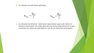  se calculan los esfuerzos aplicados.
 se calculan los esfuerzo alternante equivalente que es de hecho el
esfuerzo alternante von mises pero de una forma alternativa en la que
usaremos los esfuerzos aplicados en vez de los esfuerzos principales.
 