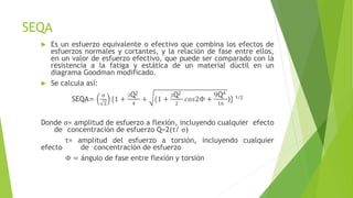 SEQA
 Es un esfuerzo equivalente o efectivo que combina los efectos de
esfuerzos normales y cortantes, y la relación de fase entre ellos,
en un valor de esfuerzo efectivo, que puede ser comparado con la
resistencia a la fatiga y estática de un material dúctil en un
diagrama Goodman modificado.
 Se calcula así:
SEQA=
σ
2
{1 +
3Q2
4
+ (1 +
3Q2
2
𝑐𝑜𝑠2Φ +
9Q4
16
)} 1/2
Donde σ= amplitud de esfuerzo a flexión, incluyendo cualquier efecto
de concentración de esfuerzo Q=2(τ/ σ)
τ= amplitud del esfuerzo a torsión, incluyendo cualquier
efecto de concentración de esfuerzo
Φ = ángulo de fase entre flexión y torsión
 