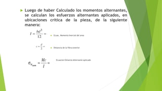  Luego de haber Calculado los momentos alternantes,
se calculan los esfuerzos alternantes aplicados, en
ubicaciones critica de la pieza, de la siguiente
manera:
 Ecuac. Momento Inercial del area
 Distancia de la fibra exterior
Ecuacion Esfuerzo Alternante aplicado
 