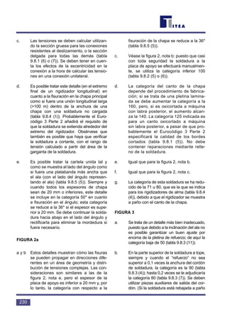 c. Las tensiones se deben calcular utilizan-
do la sección gruesa para las conexiones
resistentes al deslizamiento, o la sección
delgada para todas las demás (tabla
9.8.1 (6) o (7)). Se deben tener en cuen-
ta los efectos de la excentricidad en la
conexión a la hora de calcular las tensio-
nes en una conexión unilateral.
d. Es posible tratar este detalle (en el extremo
final de un rigidizador longitudinal) en
cuanto a la fisuración en la chapa principal
como si fuera una unión longitudinal larga
(>100 m) dentro de la anchura de una
chapa con una soldadura no cargada
(tabla 9.8.4 (1)). Probablemente el Euro-
código 3 Parte 2 añadirá el requisito de
que la soldadura se extienda alrededor del
extremo del rigidizador. Obsérvese que
también es posible que haya que verificar
la soldadura a cortante, con el rango de
tensión calculado a partir del área de la
garganta de la soldadura.
e. Es posible tratar la cartela unida tal y
como se muestra al lado del ángulo como
si fuera una platabanda más ancha que
el ala (con el lado del ángulo represen-
tando el ala) (tabla 9.8.5 (5)). Siempre y
cuando todos los espesores de chapa
sean de 20 mm o inferiores, este detalle
se incluye en la categoría 50* en cuanto
a fisuración en el ángulo; esta categoría
se reduce a la 36* si el espesor es supe-
rior a 20 mm. Se debe continuar la solda-
dura hacia abajo en el lado del ángulo y
rectificarla para eliminar la mordedura si
fuera necesario.
FIGURA 2a
a y b Estos detalles muestran cómo las fisuras
se pueden propagar en direcciones dife-
rentes en un área de geometría y distri-
bución de tensiones complejas. Las con-
sideraciones son similares a las de la
figura 2, nota e, pero el espesor de la
placa de apoyo es inferior a 20 mm y, por
lo tanto, la categoría con respecto a la
fisuración de la chapa se reduce a la 36*
(tabla 9.8.5 (5)).
c. Véase la figura 2, nota b; puesto que casi
con toda seguridad la soldadura a la
placa de apoyo se efectuará manualmen-
te, se utiliza la categoría inferior 100
(tabla 9.8.2 (5) o (6)).
d. La categoría del canto de la chapa
depende del procedimiento de fabrica-
ción; si se trata de una pletina lamina-
da se debe aumentar la categoría a la
160, pero, si es oxicortada a máquina
con labra posterior, el aumento alcan-
za la 140. La categoría 125 indicada es
para un canto oxicortado a máquina
sin labra posterior, a pesar de que pro-
bablemente el Eurocódigo 3 Parte 2
especificará la calidad de los bordes
cortados (tabla 9.8.1 (5)). No debe
contener reparaciones mediante relle-
no de la soldadura.
e. Igual que para la figura 2, nota b.
f. Igual que para la figura 2, nota c.
g. La categoría de esta soldadura se ha redu-
cido de la 71 u 80, que es la que se indica
para los rigidizadores de alma (tabla 9.8.4
(4)), debido a que el rigidizador se muestra
a paño con el canto de la chapa.
FIGURA 3
a. Se trata de un detalle más bien inadecuado,
puesto que debido a la inclinación del ala no
es posible garantizar un buen ajuste por
encima de la pletina de refuerzo; de aquí la
categoría baja de 50 (tabla 9.8.3 (11)).
b. En la parte superior de la soldadura a tope,
siempre y cuando el “refuerzo” no sea
superior a 0,1 veces la anchura del cordón
de soldadura, la categoría es la 90 (tabla
9.8.3 (4)); hasta 0,2 veces se le adjudicaría
la categoría 80 (tabla 9.8.3 (7)). Se deben
utilizar piezas auxiliares de salida del cor-
dón. (Si la soldadura está rebajada a paño
230
 