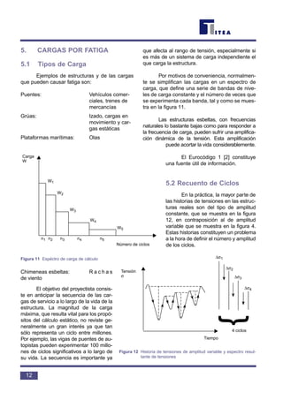 5. CARGAS POR FATIGA
5.1 Tipos de Carga
Ejemplos de estructuras y de las cargas
que pueden causar fatiga son:
Puentes: Vehículos comer-
ciales, trenes de
mercancías
Grúas: Izado, cargas en
movimiento y car-
gas estáticas
Plataformas marítimas: Olas
Chimeneas esbeltas: R a c h a s
de viento
El objetivo del proyectista consis-
te en anticipar la secuencia de las car-
gas de servicio a lo largo de la vida de la
estructura. La magnitud de la carga
máxima, que resulta vital para los propó-
sitos del cálculo estático, no reviste ge-
neralmente un gran interés ya que tan
sólo representa un ciclo entre millones.
Por ejemplo, las vigas de puentes de au-
topistas pueden experimentar 100 millo-
nes de ciclos significativos a lo largo de
su vida. La secuencia es importante ya
que afecta al rango de tensión, especialmente si
es más de un sistema de carga independiente el
que carga la estructura.
Por motivos de conveniencia, normalmen-
te se simplifican las cargas en un espectro de
carga, que define una serie de bandas de nive-
les de carga constante y el número de veces que
se experimenta cada banda, tal y como se mues-
tra en la figura 11.
Las estructuras esbeltas, con frecuencias
naturales lo bastante bajas como para responder a
la frecuencia de carga, pueden sufrir una amplifica-
ción dinámica de la tensión. Esta amplificación
puede acortar la vida considerablemente.
El Eurocódigo 1 [2] constituye
una fuente útil de información.
5.2 Recuento de Ciclos
En la práctica, la mayor parte de
las historias de tensiones en las estruc-
turas reales son del tipo de amplitud
constante, que se muestra en la figura
12, en contraposición al de amplitud
variable que se muestra en la figura 4.
Estas historias constituyen un problema
a la hora de definir el número y amplitud
de los ciclos.
12
Carga
W
W1
W2
W3
W4
W5
n1 n2 n3 n4 n5
Número de ciclos
Figura 11 Espéctro de carga de cálculo
Tensión
σ
Tiempo
∆σ1
∆σ2
∆σ3
∆σ4
4 ciclos
{
Figura 12 Historia de tensiones de amplitud variable y espectro resul-
tante de tensiones
 