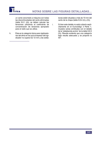 un canto oxicortado a máquina con todas
las discontinuidades del canto eliminadas
(tabla 9.8.1 (4)), se deben calcular las
tensiones utilizando el coeficiente de
concentración de tensiones apropiado
para el radio que se utilice.
h. Ésta es la categoría típica para rigidizado-
res del alma en los que el espesor del rigi-
dizador no supera los 12 mm y las solda-
duras están situadas a más de 10 mm del
canto de la chapa (tabla 9.8.4 (4) y (5)).
i. Si bien este detalle no está cubierto explí-
citamente en el Eurocódigo 3 Parte 1,
muestra varias similitudes con el detalle
de la “platabanda ancha” de la tabla 9.8.5
(5)). Resulta evidente que una categoría
baja resulta adecuada y se propone la
45*.
245
NOTAS SOBRE LAS FIGURAS DETALLADAS…
 