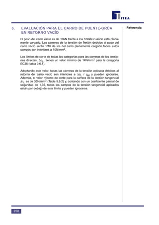 6. EVALUACIÓN PARA EL CARRO DE PUENTE-GRÚA
EN RETORNO VACÍO
El peso del carro vacío es de 10kN frente a los 160kN cuando está plena-
mente cargado. Las carreras de la tensión de flexión debidos al paso del
carro vacío serán 1/16 de los del carro plenamente cargado.Todos estos
campos son inferiores a 10N/mm2.
Los límites de corte de todas las categorías para las carreras de las tensio-
nes directas, ∆σL, tienen un valor mínimo de 14N/mm2 para la categoría
EC36 (tabla 9.6.1).
Adoptando este valor, todas las carreras de la tensión aplicada debidos al
retorno del carro vacío son inferiores a ∆σL / γMf y pueden ignorarse.
Además, el valor mínimo de corte para la carrera de la tensión tangencial
∆τL es de 36N/mm2 (Tabla 9.6.2) y, contando con un coeficiente parcial de
seguridad de 1,35, todos los campos de la tensión tangencial aplicados
están por debajo de este límite y pueden ignorarse.
258
Referencia
 