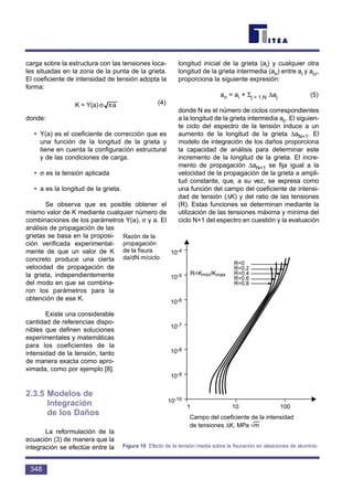 carga sobre la estructura con las tensiones loca-
les situadas en la zona de la punta de la grieta.
El coeficiente de intensidad de tensión adopta la
forma:
(4)
donde:
• Y(a) es el coeficiente de corrección que es
una función de la longitud de la grieta y
tiene en cuenta la configuración estructural
y de las condiciones de carga.
• σ es la tensión aplicada
• a es la longitud de la grieta.
Se observa que es posible obtener el
mismo valor de K mediante cualquier número de
combinaciones de los parámetros Y(a), σ y a. El
análisis de propagación de las
grietas se basa en la proposi-
ción verificada experimental-
mente de que un valor de K
concreto produce una cierta
velocidad de propagación de
la grieta, independientemente
del modo en que se combina-
ron los parámetros para la
obtención de ese K.
Existe una considerable
cantidad de referencias dispo-
nibles que definen soluciones
experimentales y matemáticas
para los coeficientes de la
intensidad de la tensión, tanto
de manera exacta como apro-
ximada, como por ejemplo [8].
2.3.5 Modelos de
Integración
de los Daños
La reformulación de la
ecuación (3) de manera que la
integración se efectúe entre la
longitud inicial de la grieta (ai) y cualquier otra
longitud de la grieta intermedia (an) entre ai y acr,
proporciona la siguiente expresión:
an = ai + Σj = 1,N ∆aj (5)
donde N es el número de ciclos correspondientes
a la longitud de la grieta intermedia an. El siguien-
te ciclo del espectro de la tensión induce a un
aumento de la longitud de la grieta ∆aN+1. El
modelo de integración de los daños proporciona
la capacidad de análisis para determinar este
incremento de la longitud de la grieta. El incre-
mento de propagación ∆aN+1 se fija igual a la
velocidad de la propagación de la grieta a ampli-
tud constante, que, a su vez, se expresa como
una función del campo del coeficiente de intensi-
dad de tensión (∆K) y del ratio de las tensiones
(R). Estas funciones se determinan mediante la
utilización de las tensiones máxima y mínima del
ciclo N+1 del espectro en cuestión y la evaluación
aY(a)=K πσ
348
Razón de la
propagación
de la fisura
da/dN m/ciclo
10-4
10-5
10-6
10-7
10-8
10-9
10-10
1 10 100
Campo del coeficiente de la intensidad
de tensiones ∆K, MPa √m
R=Kmin/Kmax
R=0
R=0,2
R=0,4
R=0,6
R=0,8
Figura 10 Efecto de la tensión media sobre la fisuración en aleaciones de aluminio
 