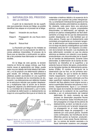 3. NATURALEZA DEL PROCESO
DE LA FATIGA
A partir de la descripción de las superfi-
cies que presentan roturas por fatiga, es posible
identificar tres etapas en el proceso de la fatiga:
Etapa I: Iniciación de una fisura
Etapa II: Propagación de una fisura domi-
nante
Etapa III: Rotura final
La fisuración por fatiga en los metales se
asocia siempre con la acumulación de deforma-
ciones plásticas irreversibles. El proceso de la
fisura que se describe a continuación es aplica-
ble a las probetas lisas fabricadas en materiales
dúctiles.
En la fatiga de ciclo grande, la tensión
máxima en forma de cargas cíclicas, que final-
mente cause el agotamiento por fatiga, puede
estar muy por debajo del límite elástico del mate-
rial, y no se produce una deformación plástica a
gran escala. Sin embargo, las deformaciones
plásticas pueden acumularse en una superficie
libre como resultado de los movimientos de dis-
locación. Las dislocaciones son defectos lineales
en la estructura reticular que pueden desplazar-
se y multiplicarse bajo la acción de la tensión
tangencial, dejando una deformación permanen-
te. La movilidad de la dislocación y, por lo tanto,
la cantidad de deformación (o deslizamiento) es
mayor en una superficie libre que en el interior de
materiales cristalinos debido a la ausencia de la
contención que suponen las juntas intergranula-
res. La orientación individual de los granos en los
metales estructurales policristalinos es aleatoria.
No obstante, cada grano tiene una estructura
atómica ordenada que origina propiedades
direccionales. La deformación, por ejemplo, se
produce en planos cristalográficos de fácil desli-
zamiento a lo largo de los que las dislocaciones
pueden desplazarse con más facilidad que en
otros planos. Puesto que el deslizamiento está
controlado principalmente por la tensión tangen-
cial, la deformación por deslizamiento se produ-
ce a lo largo de planos cristalográficos que están
orientados cerca de 45° con respecto a la direc-
ción de la tensión de tracción. Los resultados de
esta deformación consisten en que los planos
atómicos se deslizan con relación a sus iguales,
produciéndose una discontinuidad de la superfi-
cie en bandas de deslizamiento. Durante ciclos
adicionales, la deformación de la banda de des-
lizamiento se intensifica en la superficie y se
extiende hacia el interior del grano, produciéndo-
se las llamadas bandas de deslizamiento persis-
tentes (PSBs). El nombre es producto de la
observación que se hizo, en los primeros estu-
dios de la fatiga, de que la banda de desliza-
miento reaparecería -“persistiría”- en el mismo
lugar, una vez que se hubiera eliminado una fina
capa superficial mediante elastopulido. La acu-
mulación del flujo plástico local origina surcos y
senos superficiales llamados extrusiones e intru-
siones, respectivamente, figura 2. La cohesión
entre las capas de la banda de deslizamiento se
ve debilitada por la oxidación de las superficies
recientes y por el endurecimiento del material
deformado. En cierto momento de este
proceso se desarrollan pequeñas fisuras
en las intrusiones. Estas microfisuras pue-
den propagarse a lo largo de los planos de
deslizamiento, es decir, se trata de un pro-
ceso promovido por la tensión tangencial.
La propagación en el modo tangencial,
denominada etapa de propagación I, se
extiende por unos pocos granos. Durante
ciclos continuados, las microfisuras de los
diferentes granos se fusionan, producién-
dose una o unas pocas fisuras dominan-
tes. La carrera de tensión asociada a la
fisura dominante ocasiona una propaga-
24
Superficie
del metal Fisura
~ 0,1 µ
~ 0,1 µ
Figura 2 Banda de deslizamiento con extrusiones e intrusiones
generadas en la superficie de un grano sujeto a tensión
cíclica. La fisura se inicia en la intrusión
 