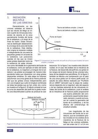 3. INICIACIÓN
MÚLTIPLE
DE LAS GRIETAS
Generalmente, en las
uniones soldadas se observa
que las roturas de fatiga se ini-
cian a partir de minúsculas inclu-
siones de escoria en la zona
parcialmente fundida del borde
de la soldadura, a lo largo de la
línea de fusión. Estas intrusio-
nes se distribuyen aleatoriamen-
te a lo largo de la zona del borde
de la soldadura. Esta distribu-
ción origina la iniciación múltiple
e independiente de una serie de
pequeñas grietas en el borde de
la soldadura. Las posiciones
exactas en las que se inician
estas grietas dependen tanto de
la existencia de estas intrusio-
nes como del detalle de la geometría del borde de
la soldadura, como por ejemplo el radio del borde
de la soldadura, la magnitud y el ángulo de la sol-
dadura. Las grietas se propagan de manera inde-
pendiente hasta que interactúan con otras grietas
adyacentes similares. En esta etapa se fusionan
para formar una única grieta de la misma profundi-
dad que las grietas únicas independientes pero
con una longitud que cubre la longitud combinada
de todas las grietas que se han unido, tal y como
se muestra en la figura 2. El efecto consiste en que
la curva de desarrollo del perfil de la grieta mues-
tra una discontinuidad cuando se produce la coa-
lescencia. En la figura 3 se muestra esta disconti-
nuidad, en el caso del análisis de la mecánica de
la fractura, del desarrollo del perfil de una grieta en
los rangos de tensión típicas de las uniones tubu-
lares de las plataformas petrolíferas. En la figura 3
también se efectúa una comparación con el caso
de una única grieta con el mismo perfil inicial. Un
estudio de estos efectos realizado por Thurlbeck
[3] en UMIST demostró que la etapa de coales-
cencia dependía de la magnitud, ratio del aspecto
y de las medidas extremas de las intrusiones ini-
ciales del borde de la soldadura y que el análisis
de la mecánica de la fractura podía proporcionar
una buena predicción del com-
portamiento experimental obser-
vado, siempre y cuando se tuvie-
ran en cuenta la geometría del
borde de la soldadura, y de los
efectos del umbral/carga de
amplitud variable.
Las magnitudes de las
intrusiones del borde de la sol-
dadura, que se consideran grie-
tas iniciales en los análisis de la
mecánica de la fractura de la
fatiga en las uniones soldadas,
son del orden de 0,1 a 0,4 mm
360
Defecto de fusión
Defectos iniciales
ds ds
C C
Defecto propagador
Figura 2 Modelo del comportamiento de fusión en la propagación de fisuras
1,0
0,0
0,0 0,0
a/T
Punto de fusión
Línea A
Línea B
Teoría del defecto simple - Línea A
Teoría del defecto múltiple- Línea B
Figura 3 Comparación del desarrollo del perfil de la fisura para modelos de fusión
simples y múltiples
 