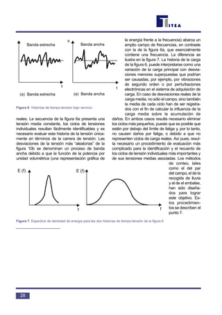 reales. La secuencia de la figura 6a presenta una
tensión media constante, los ciclos de tensiones
individuales resultan fácilmente identificables y es
necesario evaluar esta historia de la tensión única-
mente en términos de la carrera de tensión. Las
desviaciones de la tensión más “aleatorias” de la
figura 10b se denominan un proceso de banda
ancha debido a que la función de la potencia por
unidad volumétrica (una representación gráfica de
la energía frente a la frecuencia) abarca un
amplio campo de frecuencias, en contraste
con la de la figura 6a, que esencialmente
contiene una frecuencia. La diferencia se
ilustra en la figura 7. La historia de la carga
de la figura 6, puede interpretarse como una
variación de la carga principal con desvia-
ciones menores superpuestas que podrían
ser causadas, por ejemplo, por vibraciones
de segundo orden o por perturbaciones
electrónicas en el sistema de adquisición de
carga. En caso de desviaciones reales de la
carga media, no sólo el campo, sino también
la media de cada ciclo han de ser registra-
dos con el fin de calcular la influencia de la
carga media sobre la acumulación de
daños. En ambos casos resulta necesario eliminar
los ciclos más pequeños, puesto que es posible que
estén por debajo del límite de fatiga y, por lo tanto,
no causen daños por fatiga, o debido a que no
representen ciclos de carga reales. Así pues, resul-
ta necesario un procedimiento de evaluación más
complicado para la identificación y el recuento de
los ciclos de tensión individuales más importantes y
de sus tensiones medias asociadas. Los métodos
de conteo, tales
como el del par
del campo, el de la
recogida de lluvia
y el de el embalse,
han sido diseña-
dos para lograr
este objetivo. Es-
tos procedimien-
tos se describen el
punto 7.
28
s
t
Banda estrecha
(a) Banda estrecha
s
t
Banda ancha
(a) Banda ancha
Figura 6 Historias de tiempo-tensión bajo servicio
E (f)
f
E (f)
f
Figura 7 Espectros de densidad de energía para las dos historias de tiempo-tensión de la figura 6
 