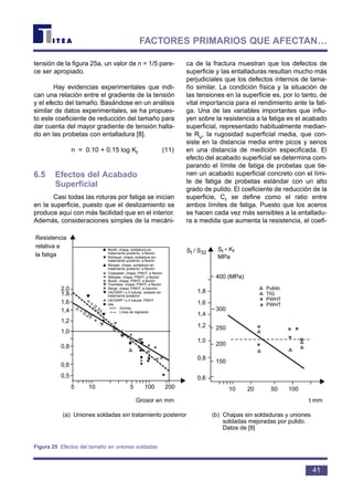 tensión de la figura 25a, un valor de n = 1/5 pare-
ce ser apropiado.
Hay evidencias experimentales que indi-
can una relación entre el gradiente de la tensión
y el efecto del tamaño. Basándose en un análisis
similar de datos experimentales, se ha propues-
to este coeficiente de reducción del tamaño para
dar cuenta del mayor gradiente de tensión halla-
do en las probetas con entalladura [8].
n = 0.10 + 0.15 log Kt (11)
6.5 Efectos del Acabado
Superficial
Casi todas las roturas por fatiga se inician
en la superficie, puesto que el deslizamiento se
produce aquí con más facilidad que en el interior.
Además, consideraciones simples de la mecáni-
ca de la fractura muestran que los defectos de
superficie y las entalladuras resultan mucho más
perjudiciales que los defectos internos de tama-
ño similar. La condición física y la situación de
las tensiones en la superficie es, por lo tanto, de
vital importancia para el rendimiento ante la fati-
ga. Una de las variables importantes que influ-
yen sobre la resistencia a la fatiga es el acabado
superficial, representado habitualmente median-
te Ru, la rugosidad superficial media, que con-
siste en la distancia media entre picos y senos
en una distancia de medición especificada. El
efecto del acabado superficial se determina com-
parando el límite de fatiga de probetas que tie-
nen un acabado superficial concreto con el lími-
te de fatiga de probetas estándar con un alto
grado de pulido. El coeficiente de reducción de la
superficie, Cr se define como el ratio entre
ambos límites de fatiga. Puesto que los aceros
se hacen cada vez más sensibles a la entalladu-
ra a medida que aumenta la resistencia, el coefi-
41
FACTORES PRIMARIOS QUE AFECTAN…
n = 0,25
n
=
0,33
Resistencia
relativa a
la fatiga
2,0
1,8
1,6
1,4
1,2
1,0
0,8
0,6
0,5
1,8
1,6
1,4
1,2
1,0
0,8
0,6
5 10 5 100 200 10 20 50 100
Booth, chapa, soldadura sin
tratamiento posterior, a flexión
Mohaupt, chapa, soldadura sin
tratamiento posterior, a flexión
Morgan, chapa, soldadura sin
tratamiento posterior, a flexión
Orjasaeter, chapa, PWHT, a flexión
Webeter, chapa, PWHT, a flexión
Booth, chapa, PWHT, a flexión
Overbeek, chapa, PWHT, a flexión
Berge, chapa, PWHT, a tracción
UKOSRP I y II tubular, soldado sin
tratamiento posterior
UKOSRP I y II tubular, PWHT
lida
Gurney
Línea de regresión
Grosor en mm t mm
(a) Uniones soldadas sin tratamiento posterior (b) Chapas sin soldaduras y uniones
soldadas mejoradas por pulido.
Datos de [9]
St / S32
St * Kf
MPa
400 (MPa)
300
250
200
150
Pulido
TIG
PWHT
PWHT
Figura 25 Efectos del tamaño en uniones soldadas
 
