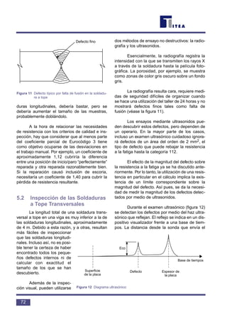 duras longitudinales, debería bastar, pero se
debería aumentar el tamaño de las muestras,
probablemente doblándolo.
A la hora de relacionar las necesidades
de resistencia con los criterios de calidad e ins-
pección, hay que considerar que al menos parte
del coeficiente parcial de Eurocódigo 3 tiene
como objetivo ocuparse de las desviaciones en
el trabajo manual. Por ejemplo, un coeficiente de
aproximadamente 1,12 cubriría la diferencia
entre una posición de inicio/paro “perfectamente”
reparada y otra reparada razonablemente bien.
Si la reparación causó inclusión de escoria,
necesitaría un coeficiente de 1,40 para cubrir la
pérdida de resistencia resultante.
5.2 Inspección de las Soldaduras
a Tope Transversales
La longitud total de una soldadura trans-
versal a tope en una viga es muy inferior a la de
las soldaduras longitudinales, aproximadamente
de 4 m. Debido a esta razón, y a otras, resultan
más fáciles de inspeccionar
que las soldaduras longitudi-
nales. Incluso así, no es posi-
ble tener la certeza de haber
encontrado todos los peque-
ños defectos internos ni de
calcular con exactitud el
tamaño de los que se han
descubierto.
Además de la inspec-
ción visual, pueden utilizarse
dos métodos de ensayo no destructivos: la radio-
grafía y los ultrasonidos.
Esencialmente, la radiografía registra la
intensidad con la que se transmiten los rayos X
a través de la soldadura hasta la película foto-
gráfica. La porosidad, por ejemplo, se muestra
como zonas de color gris oscuro sobre un fondo
gris.
La radiografía resulta cara, requiere medi-
das de seguridad difíciles de organizar cuando
se hace una utilización del taller de 24 horas y no
mostrará defectos finos tales como falta de
fusión (véase la figura 11).
Los ensayos mediante ultrasonidos pue-
den descubrir estos defectos, pero dependen de
un operario. En la mayor parte de los casos,
incluso un examen ultrasónico cuidadoso ignora-
rá defectos de un área del orden de 2 mm2, el
tipo de defecto que puede rebajar la resistencia
a la fatiga hasta la categoría 112.
El efecto de la magnitud del defecto sobre
la resistencia a la fatiga ya se ha discutido ante-
riormente. Por lo tanto, la utilización de una resis-
tencia en particular en el cálculo implica la exis-
tencia de un límite correspondiente sobre la
magnitud del defecto. Así pues, se da la necesi-
dad de medir la magnitud de los defectos detec-
tados por medio de ultrasonidos.
Durante el examen ultrasónico (figura 12)
se detectan los defectos por medio del haz ultra-
sónico que reflejan. El reflejo se indica en un dis-
positivo visualizador frente a una base de tiem-
pos. La distancia desde la sonda que envía el
72
Defecto fino
Figura 11 Defecto típico por falta de fusión en la soldadu-
ra a tope
Eco
Superficie
de la placa
Defecto Espesor de
la placa
Base de tiempos
Figura 12 Diagrama ultrasónico
 