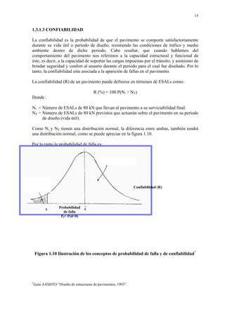 15
1.3.1.3 CONFIABILIDAD
La confiabilidad es la probabilidad de que el pavimento se comporte satisfactoriamente
durante su vida útil o período de diseño, resistiendo las condiciones de tráfico y medio
ambiente dentro de dicho período. Cabe resaltar, que cuando hablamos del
comportamiento del pavimento nos referimos a la capacidad estructural y funcional de
éste, es decir, a la capacidad de soportar las cargas impuestas por el tránsito, y asimismo de
brindar seguridad y confort al usuario durante el período para el cual fue diseñado. Por lo
tanto, la confiabilidad esta asociada a la aparición de fallas en el pavimento.
La confiabilidad (R) de un pavimento puede definirse en términos de ESALs como:
R (%) = 100 P(Nt > NT)
Donde :
Nt = Número de ESALs de 80 kN que llevan al pavimento a su serviciabilidad final.
NT = Número de ESALs de 80 kN previstos que actuarán sobre el pavimento en su período
de diseño (vida útil).
Como Nt y NT tienen una distribución normal, la diferencia entre ambas, también tendrá
una distribución normal, como se puede apreciar en la figura 1.10.
Por lo tanto la probabilidad de falla es:
Pf = P (NT > Nt) = P (d < 0)
d = Nt - NT
Figura 1.10 Ilustración de los conceptos de probabilidad de falla y de confiabilidad*
*
Guía AASHTO “Diseño de estructuras de pavimentos, 1993”.
Confiabilidad (R)
Probabilidad
de falla
Pf= P(d<0)
 