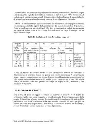 27
La capacidad de una estructura de pavimento de concreto para transferir (distribuir) cargas
a través de juntas o grietas es tomado en cuenta en el método AASHTO 93 por medio del
coeficiente de transferencia de carga J. Los dispositivos de transferencia de carga, trabazón
de agregados y la presencia de bermas de concreto tienen efecto sobre éste valor.
La tabla 1.6 establece rangos de los coeficientes de transferencia de carga para diferentes
condiciones desarrolladas a partir de la experiencia y del análisis mecanístico de esfuerzos.
Como se puede apreciar en esta tabla el valor de J se incrementa a medida que aumentan
las cargas de tráfico, esto se debe a que la transferencia de carga disminuye con las
repeticiones de carga
Tabla 1.6 Coeficiente de transferencia de carga (J)*
Soporte
lateral
Si No Si No Si No Tipo
ESALs en
millones
Con pasadores
con o sin refuerzo
de temperatura
Con refuerzo
continuo
Sin pasadores
(fricción entre
agregados)
Hasta 0.3
0.3 – 1
1 – 3
2.7
2.7
2.7
3.2
3.2
3.2
2.8
3.0
3.1
3.2
3.4
3.6
-
-
-
-
-
-
Calles y
caminos
vecinales
3 – 10
10 – 30
más de 30
2.7
2.7
2.7
3.2
3.2
3.2
3.2
3.4
3.6
3.8
4.1
4.3
2.5
2.6
2.6
2.9
3.0
3.1
Caminos
principales
y autopistas
El uso de bermas de concreto unidas o losas ensanchadas reducen las tensiones y
deformaciones en una losa. Es por eso que se usan valores menores de J. La razón para
tomar J menores en pavimentos con bermas de concreto unida es porque se supone que los
vehículos no transitarán por la misma. Es necesario tener en cuenta que la zona crítica de la
losa es la esquina y con esta premisa las cargas se alejan de ella, permitiendo una
reducción de espesores.
1.2.4.3 PÉRDIDA DE SOPORTE
Este factor, LS (loss of support = pérdida de soporte) es incluido en el diseño de
pavimentos rígidos para tomar en cuenta la pérdida potencial de soporte proveniente de la
erosión de la subbase y/o movimientos diferenciales verticales del suelo. Deberá también
considerarse este factor en términos de los movimientos verticales del suelo que pueden
resultar de vacíos bajo el pavimento. Aún cuando se utilice una subbase no erosionable,
pueden desarrollarse vacíos, reduciendo la vida del pavimento.
*
Guía AASHTO “Diseño de estructuras de pavimentos, 1993”.
 