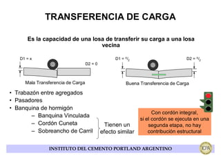 TRANSFERENCIA DE CARGA

      Es la capacidad de una losa de transferir su carga a una losa
                                vecina

   D1 = x                                         D1 = X/2                       D2 = X/2
                                   D2 = 0



     Mala Transferencia de Carga                       Buena Transferencia de Carga

• Trabazón entre agregados
• Pasadores
• Banquina de hormigón
                                                                   Con cordón integral,
        – Banquina Vinculada
                                                             si el cordón se ejecuta en una
        – Cordón Cuneta                       Tienen un          segunda etapa, no hay
        – Sobreancho de Carril              efecto similar       contribución estructural


               INSTITUTO DEL CEMENTO PORTLAND ARGENTINO
 