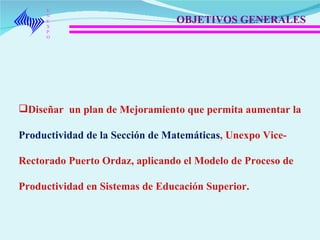 UNEXPO OBJETIVOS GENERALES  Diseñar  un plan de Mejoramiento que permita aumentar la  Productividad de la Sección de Matemáticas , Unexpo Vice-Rectorado Puerto Ordaz, aplicando el Modelo de Proceso de Productividad en Sistemas de Educación Superior. 