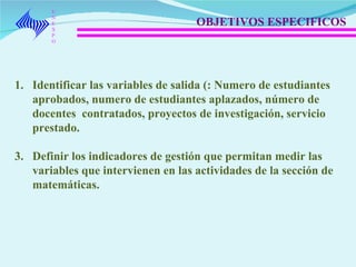 UNEXPO OBJETIVOS ESPECIFICOS  Identificar las variables de salida (: Numero de estudiantes aprobados, numero de estudiantes aplazados, número de docentes  contratados, proyectos de investigación, servicio prestado. Definir los indicadores de gestión que permitan medir las variables que intervienen en las actividades de la sección de matemáticas. 