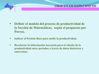 UNEXPO OBJETIVOS ESPECIFICOS  Definir el modelo del proceso de productividad de la Sección de Matemáticas,  según el propuesto por Porras. Indicar el Periodo Base para medir la productividad. Recolectar la información necesaria para el cálculo de la productividad entre periodos a través de datos históricos y entrevistas. 