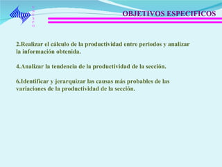 UNEXPO OBJETIVOS ESPECIFICOS  Realizar el cálculo de la productividad entre periodos y analizar la información obtenida. Analizar la tendencia de la productividad de la sección. Identificar y jerarquizar las causas más probables de las variaciones de la productividad de la sección. 