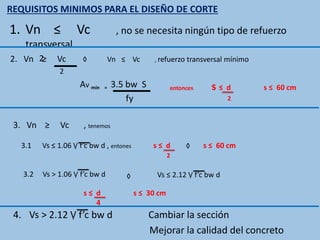 1. Vn ≤ Vc , no se necesita ningún tipo de refuerzo
transversal
2
REQUISITOS MINIMOS PARA EL DISEÑO DE CORTE
2. Vn ≥ Vc ◊ Vn ≤ Vc , refuerzo transversal mínimo
2
Av mín = 3.5 bw S
fy
3. Vn ≥ Vc , tenemos
3.1 Vs ≤ 1.06 Ṿ f’c bw d , entones s ≤ d s ≤ 60 cm
2
◊
3.2 Vs > 1.06 Ṿ f’c bw d
◊
Vs ≤ 2.12 Ṿ f’c bw d
s ≤ d s ≤ 30 cm
4
4. Vs > 2.12 Ṿ f’c bw d Cambiar la sección
Mejorar la calidad del concreto
entonces s ≤ d s ≤ 60 cm
2
 