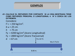EJEMPLOS
-01- CALCULE EL REFUERZO POR CORTANTE SI LA VIGA MOSTRADA TIENE
COMO REFUERZO PRINCIPAL O LONGITUDINAL 4 Nº 8 CERCA DE LOS
EXTREMOS.
Considere:
F´c = 250 kg/cm².
b w = 25 cm.
h = 75 cm
Fy = 4200 kg/cm².(Acero Longitudinal)
Fy = 2800 kg/cm².(Acero Transversal)
d = 67 cm Pu=10 Tn
Wu=5 Tn/m
8.00 m.
 