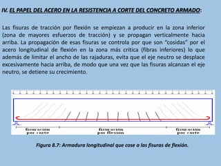 IV. EL PAPEL DEL ACERO EN LA RESISTENCIA A CORTE DEL CONCRETO ARMADO:
Las fisuras de tracción por flexión se empiezan a producir en la zona inferior
(zona de mayores esfuerzos de tracción) y se propagan verticalmente hacia
arriba. La propagación de esas fisuras se controla por que son “cosidas” por el
acero longitudinal de flexión en la zona más crítica (fibras inferiores) lo que
además de limitar el ancho de las rajaduras, evita que el eje neutro se desplace
excesivamente hacia arriba, de modo que una vez que las fisuras alcanzan el eje
neutro, se detiene su crecimiento.
Figura 8.7: Armadura longitudinal que cose a las fisuras de flexión.
 