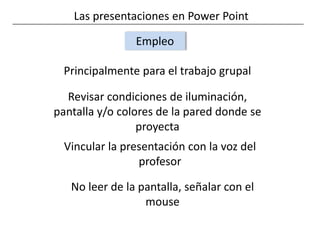Las presentaciones en Power PointEmpleoPrincipalmente para el trabajo grupalRevisar condiciones de iluminación, pantalla y/o colores de la pared donde se proyectaVincular la presentación con la voz del profesorNo leer de la pantalla, señalar con el mouse