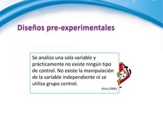 Diseños pre-experimentalesSe analiza una sola variable y prácticamente no existe ningún tipo de control. No existe la manipulación de la variable independiente ni se utiliza grupo control. Ávila (2006)