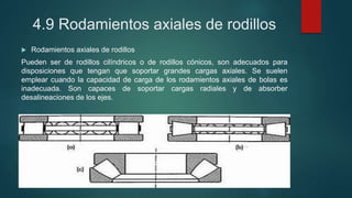 4.9 Rodamientos axiales de rodillos
 Rodamientos axiales de rodillos
Pueden ser de rodillos cilíndricos o de rodillos cónicos, son adecuados para
disposiciones que tengan que soportar grandes cargas axiales. Se suelen
emplear cuando la capacidad de carga de los rodamientos axiales de bolas es
inadecuada. Son capaces de soportar cargas radiales y de absorber
desalineaciones de los ejes.
 