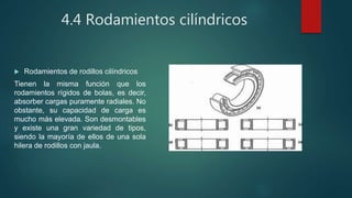 4.4 Rodamientos cilíndricos
 Rodamientos de rodillos cilíndricos
Tienen la misma función que los
rodamientos rígidos de bolas, es decir,
absorber cargas puramente radiales. No
obstante, su capacidad de carga es
mucho más elevada. Son desmontables
y existe una gran variedad de tipos,
siendo la mayoría de ellos de una sola
hilera de rodillos con jaula.
 